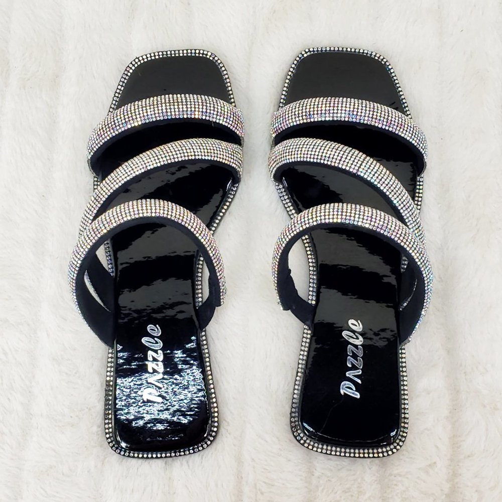 Padded Triple Strap Slip On Sparkly Rhinestone Square Open Toe Sandals_5